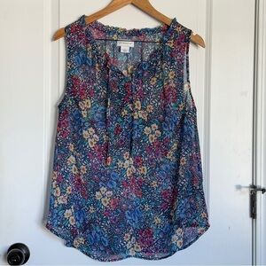 Liz Claiborne Madison Blue Multi Henley Ruffle Tank Women Size L